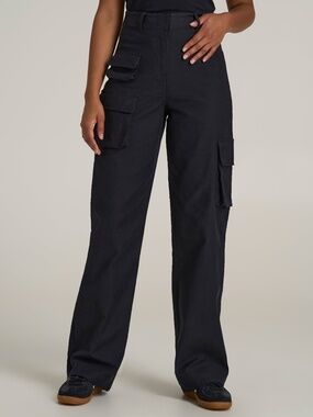 American Tall High-Waist Flat Front Cargo Pants for Tall Women in Black Size 101